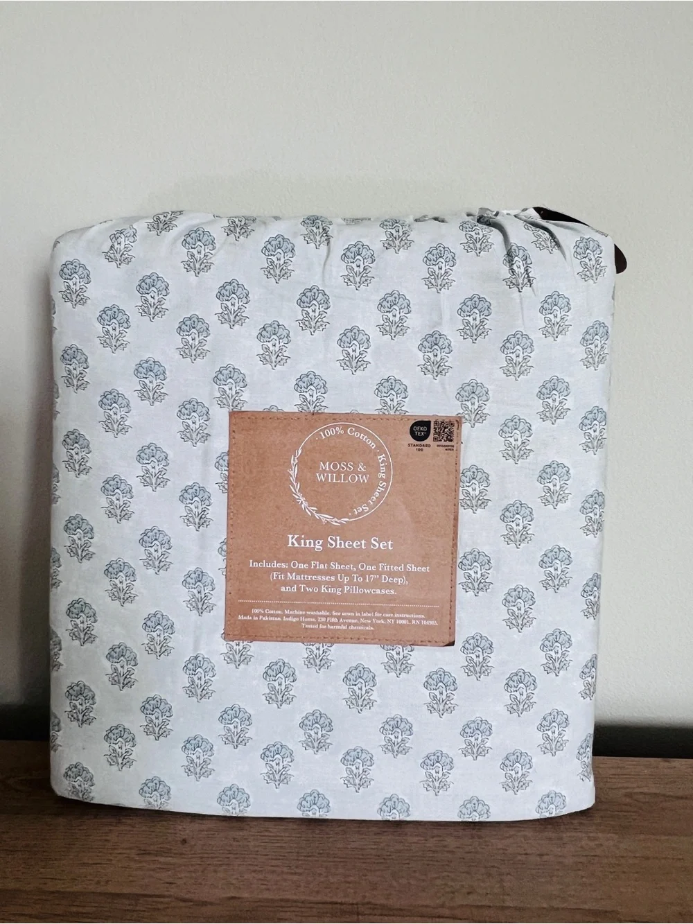 Moss & Willow KING SIZE Blue Floral Cotton Sheet Set - 100% Cotton